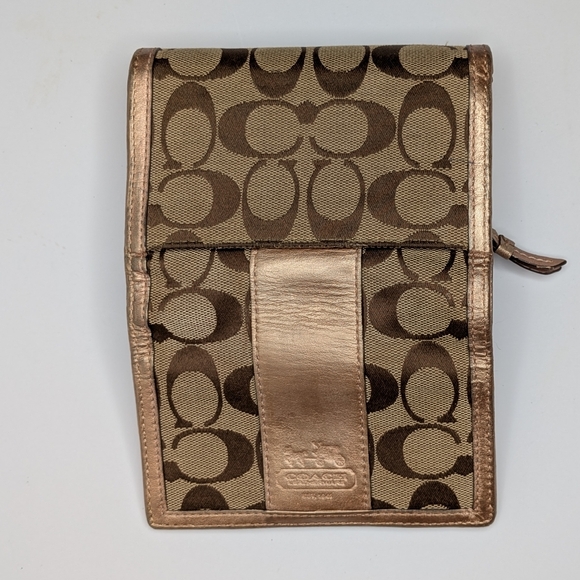 Coach Wallet Signature Canvas Trifold Khaki Brown Rose Gold Metallic Leather - Picture 11 of 14
